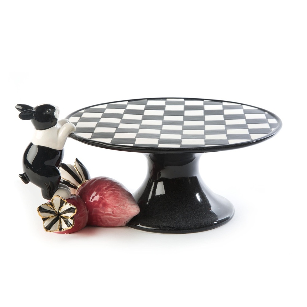 MacKenzie-Childs Courtly Check Rabbit & Radish Pedestal Cake Stand